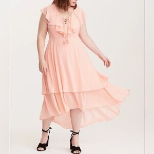 Torrid INSIDER CORAL LACE UP RUFFLE SLEEVELESS HI-LO MAXI DRESS